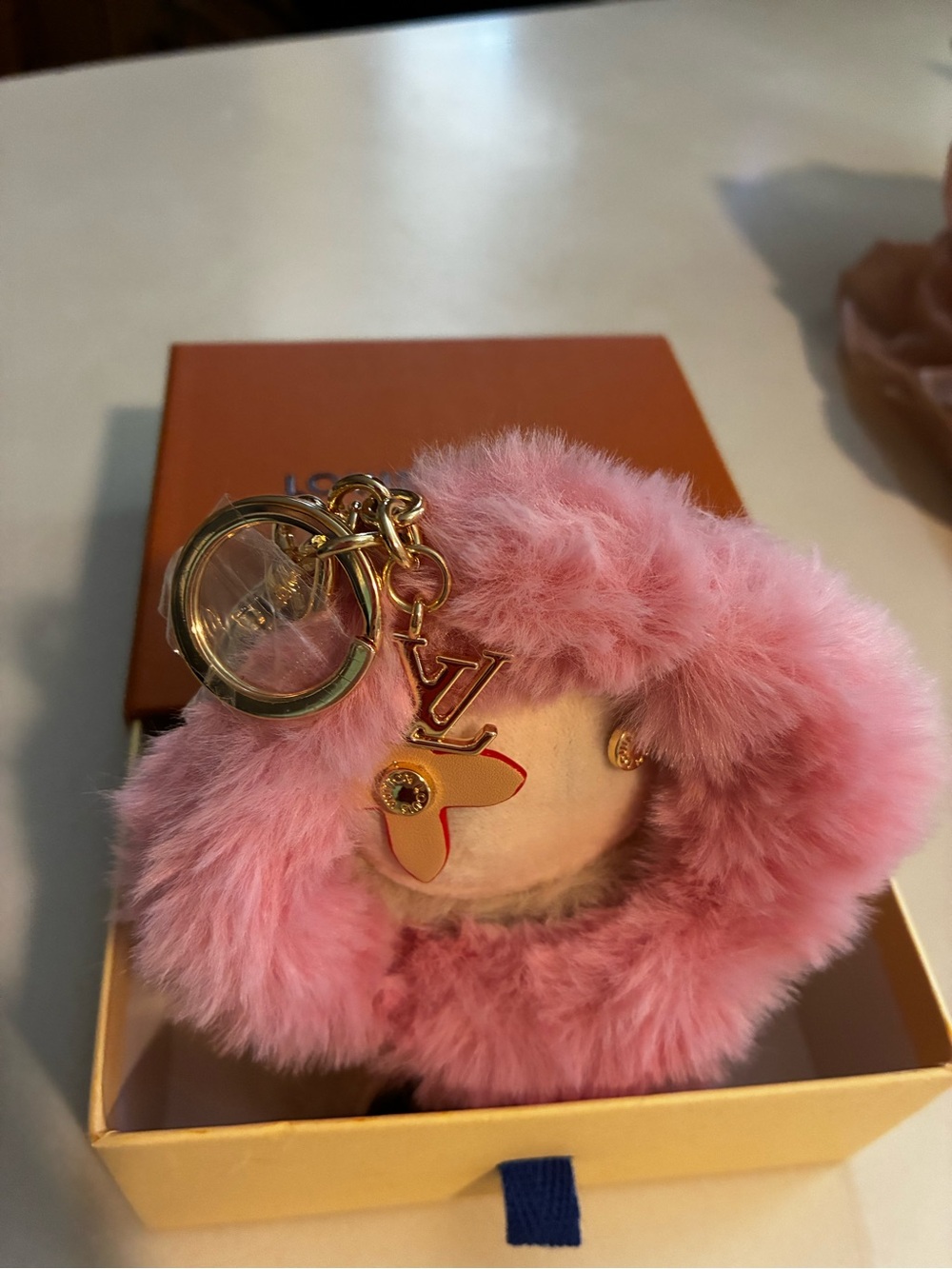 LV Vivienne Pink & Cream Fur Charm Key Holder/ Bag charm with stamp Gold Accents - Picture 7 of 8